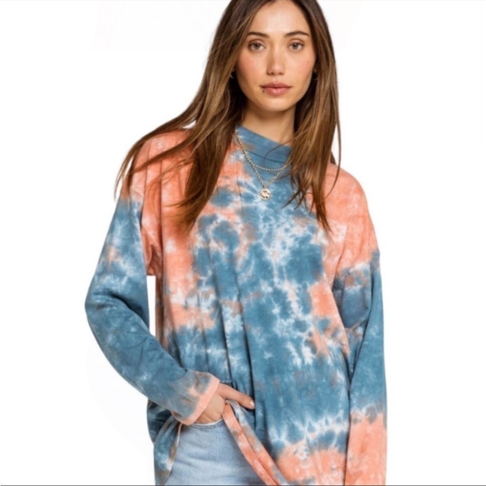 We the Free People BE FREE tie dye long sleeve tee blue pink small mock neck S